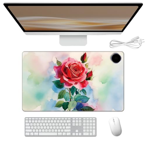 Heated Desk Pad 23.6" x 14.2" 3 Large Heated Mouse Pad with Heat Levels (40°C/45°C/50°C) & 3H Auto Shut-Off Desk Mat Fast Heating PU Leather Warmer Mousepad for Home Office - Colorful Rose Flowers - color: Colorful Rose Flowers, size: 23.6 x 14.2 inch
