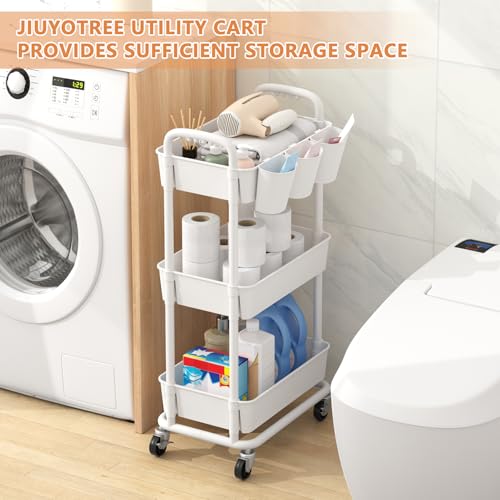 3-Tier Plastic Rolling Storage Cart Utility Cart with Extra Hanging Cups Handles Lockable Wheels for Living Room Bathroom Kitchen Office White | Utility Cart with Extra Hanging Cups Arc-Shaped Handles Lockable Wheels for Living Room Bathroom Kitchen Offic