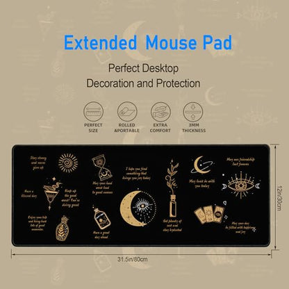Mystical Witchy Desk Mat,Black Motivational Mouse Pad,31.5 x 12 in | Large Gold All-Seeing Eye Gaming Mousepad,Extended Inspirational Celestial Computer Keyboard Pad for Men Women,80x30cm - color: Moon Sun Eye