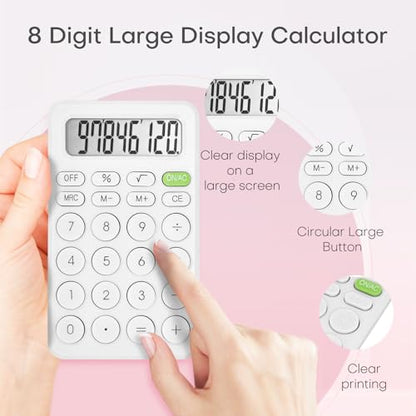 Cute Calculator, Basic Four Function for Teachers Students Basics Office, Small Handheld Calculators, 8 Digit with LCD Display, Sensitive Button, 5.5×3.2 inches White - color: White