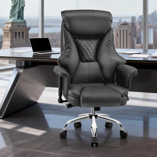 Big and Tall Office Chair - Executive High Back Leather Office Desk Chair with Adjustable Lumbar Support - Ergonomic Comfortable Heavy Duty Computer Gaming Chair with Padded Arms & Wide Seat - color: Grey