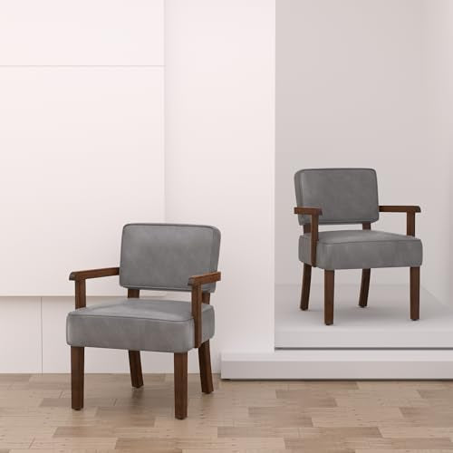 FAGAGA Faux Leather Accent Chair, Mid-Century Armchair with Wood Frame | Upholstered Living Room Chair, Comfy Reading Chair for Bedroom, Waiting Room, Home Office, Easy Assembly, Gray - color: Faux Leather Gray, size: One Chair