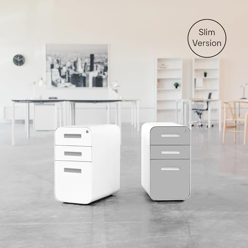 Laura Davidson Furniture Stockpile Slim 3-Drawer Mobile File Cabinet with Lock - Under Desk Metal Filing Cabinet, Legal/Letter File Folders, Wheels & Stationary Feet, Assembled, Light Grey Faceplate - color: Light Grey Faceplate