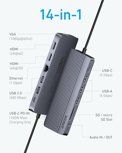 Anker Laptop Docking Station 3 Monitors, 14in1 USBC Hub with Triple Display - size: 14 in 1 USB C Hub