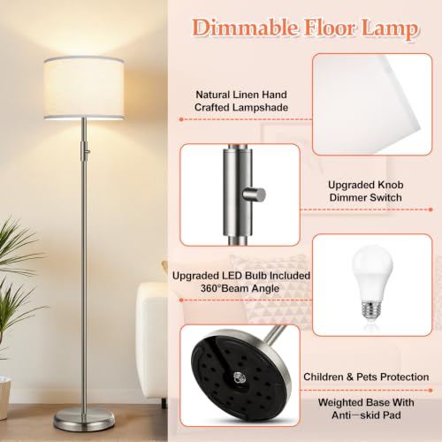 Floor Lamp Simple Design with White Shade, Small Tall Lamps for Living Room Bedroom Office Dining Room Kitchen, Sliver Pole Lamp-Sliver - color: Brushed Nickel-White shade