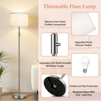 Floor Lamp Simple Design with White Shade, Small Tall Lamps for Living Room Bedroom Office Dining Room Kitchen, Sliver Pole Lamp-Sliver - color: Brushed Nickel-White shade