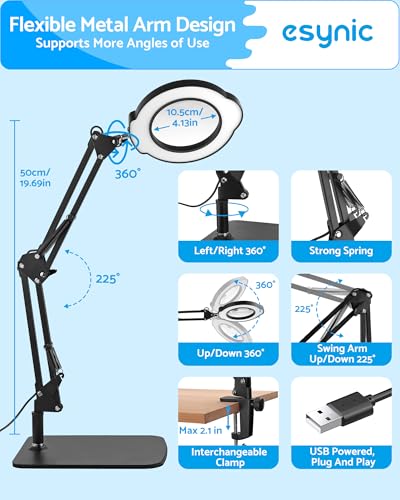eSynic 10X Magnifying Glass with 84 LED Lights&4.2 Inch Large Len 2-in-1 Clamp&Stand Desk Magnifier Lamp-10 Brightness Levels-5 Color Modes for Crafts Reading Repair[HD Glass Lens Not Acrylic]