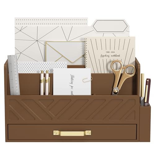 Bamboo Mail Organizer Countertop Pen Holder Wooden Desktop Storage Drawers | Wood Desk Drawer,Letter Sorter,Makeup Organizer,Bill Mail Organizer,5 Slot Desk File Organizer for School Home Office Supplie - color: Brown with Pen Holder