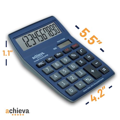 Achieva 10-Digit LCD Display Desktop Calculator | Blue, Gray | Dual Solar & Battery Power | Made with 30% Recycled Plastic | for Home, Office, School (980) - color: Blue/Gray