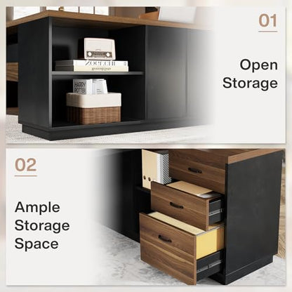 Tribesigns 78" L-Shaped Executive Desk, Extra Large Modern Office Desk with Drawers and File Cabinet, Business Furniture with Storage Shelves, Big Computer Desk for Home Office (Light Walnut + Black) - color: Light Walnut + Black
