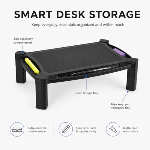 Mount-It! Monitor Stand Riser with Storage, 13-32", Black | Height adjustable desk shelf for monitor & printer, large 19" platform holds up to 22 lbs, desk organizer.