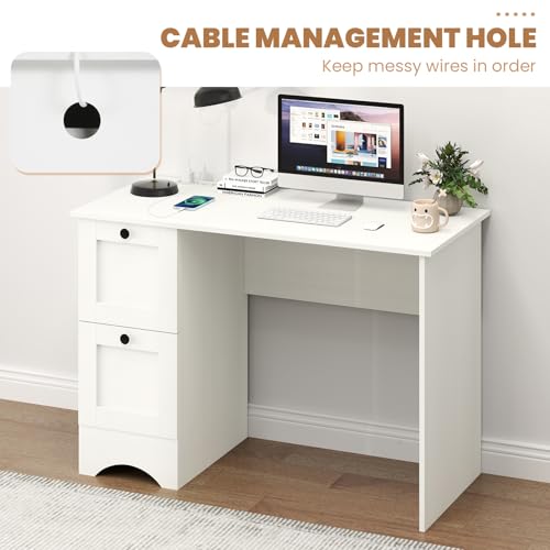 Giantex Computer Desk with 2 Drawers, 43” Wooden Home Office Desk with Charging Station, Compact Study Writing Desk, Modern Laptop PC Desk Computer Workstation for Bedroom, Living Room (White) - color: White