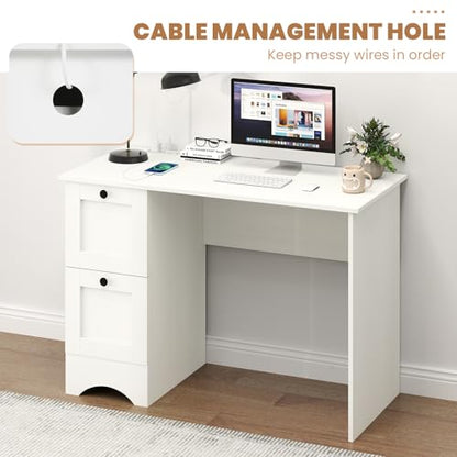 Giantex Computer Desk with 2 Drawers, 43” Wooden Home Office Desk with Charging Station, Compact Study Writing Desk, Modern Laptop PC Desk Computer Workstation for Bedroom, Living Room (White) - color: White