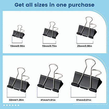 EFOK 208 PCS Binder Clips Paper Clamps Assorted Sizes Black Metal Bulk Clip - size: Assorted Sizes