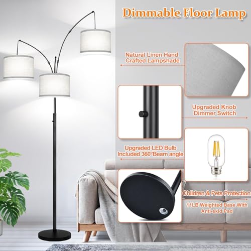 Dimmable Floor Lamp, 3 Lights Black Arc Floor Lamp, Modern Tall Standing Tree Lamp with Grey Linen Shades & Heavy Base, 3000LM LED Bulbs, Bright Lighting for Living Room, Bedroom, Office & Reading - color: Matte Black-Gray Linen Shades