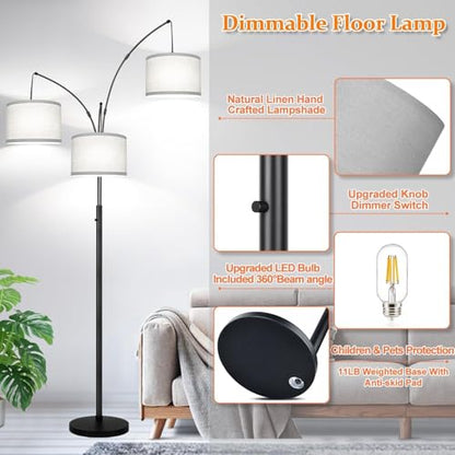 Dimmable Floor Lamp, 3 Lights Black Arc Floor Lamp, Modern Tall Standing Tree Lamp with Grey Linen Shades & Heavy Base, 3000LM LED Bulbs, Bright Lighting for Living Room, Bedroom, Office & Reading - color: Matte Black-Gray Linen Shades