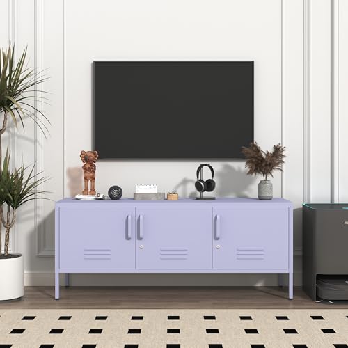 Metal Storage Cabinet with Adjustable Shelves, Wide Lockable TV Stand, Multipurpose Accent Cabinet, Purple Colorful Locker for Home Office Living Room, 22" H x 47.3" x 13.8" D - color: Purple, style: 22"H-TV stand-TM