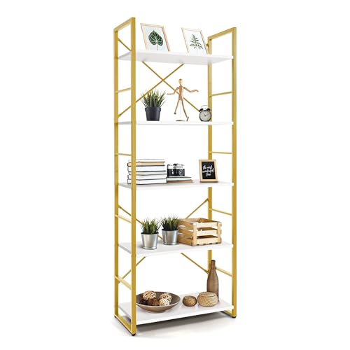 CAPHAUS 5 Tier Bookshelf, 24 Inch Width Free Standing Shelf, Bookcase Shelf Storage Organizer, Industrial Book Shelves for Home Office, Living Room, Kitchen, White Wooden Shelves & Gold Frame - color: Gold, size: 5-Tier