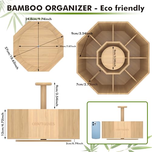CraftGenes Bamboo Rotating Pen Organizer for Desk with 10 Compartments