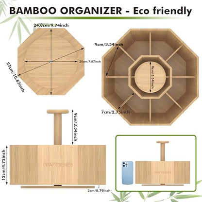 CraftGenes Bamboo Rotating Pen Organizer for Desk with 10 Compartments