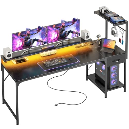 PRAISUN 63 Inch Gaming Desk with LED Lights & Power Outlets - color: Black, size: 63 Inch