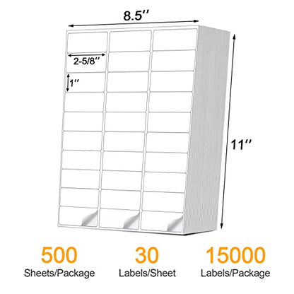 Address Labels (15,000/500 Sheets) - 1" x 2-5/8" Mailing Labels, 30 UP Shipping Sticker for Laser and Inkjet Printers - color: 30 Up-15000 Labels