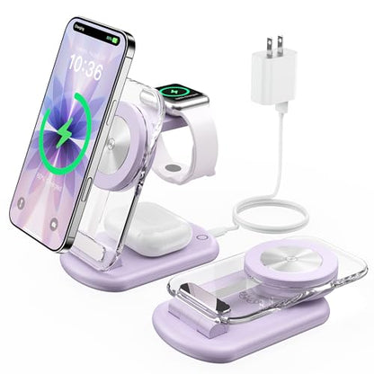 Mukiya 3 in 1 Magnetic Wireless Charging Station for Apple Devices | Fast Travel Charger Stand with Night Light for MagSafe-enabled iPhone 17 16 15 14 13 12 Series, Apple Watch/AirPods Pro, PU - color: Purple