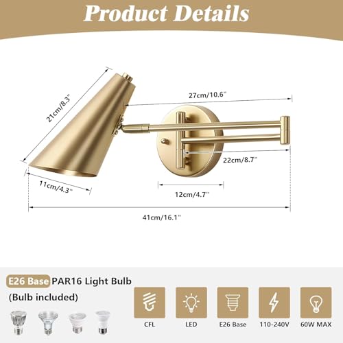 KCO Lighting Brushed Brass Swing Arm Wall Light Sconce Vintage Wall Mounted Reading Light Hardwired Mid Century Gold Wall Sconces for Bedroom Desk - color: Gold-2