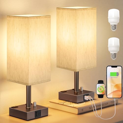 Brown Bedside Table Lamps Set of 2 - Dimmable, USB C+A, 2 AC Outlets | Stepless Dimmable by Rotary Knob, 3000K LED Bulbs Included, Square Cream Linen Shade, Nightstand Lamp for Living Room, Desk - color: Brown