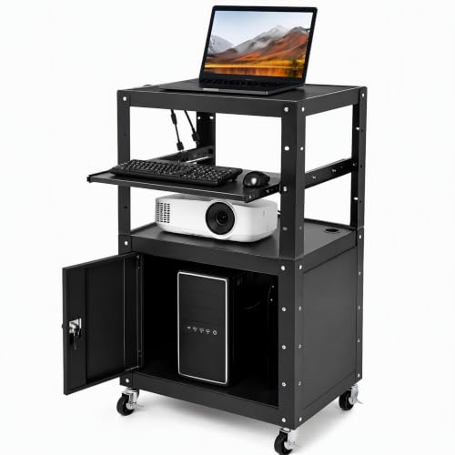 Height Adjustable Mobile AV Cart with Lockable Cabinet, Heavy Duty Rolling Presentation Workstation with Power Outlet & USB Ports, Pull-Out Laptop Tray for Office Classroom Home - size: 24x18x41.5in
