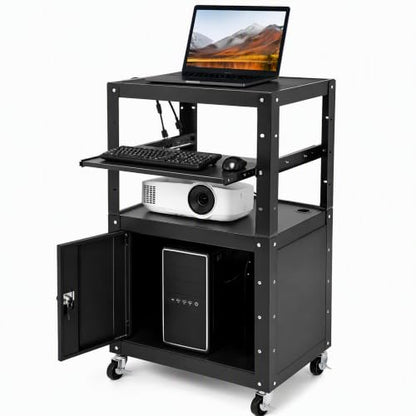 Height Adjustable Mobile AV Cart with Lockable Cabinet, Heavy Duty Rolling Presentation Workstation with Power Outlet & USB Ports, Pull-Out Laptop Tray for Office Classroom Home - size: 24x18x41.5in