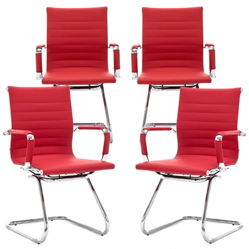 Office Desk Chair Set of 4,No Wheels PU Leather Computer Chairs Mid Back Guest Chairs with Seld Base for School/Reception/Conference/Waiting Room, Burgundy Red - color: Deep Red, size: 4PCS