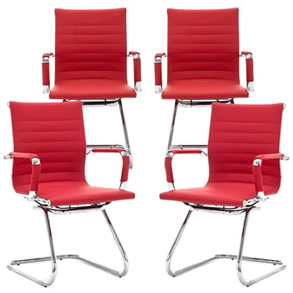 Office Desk Chair Set of 4,No Wheels PU Leather Computer Chairs Mid Back Guest Chairs with Seld Base for School/Reception/Conference/Waiting Room, Burgundy Red - color: Deep Red, size: 4PCS