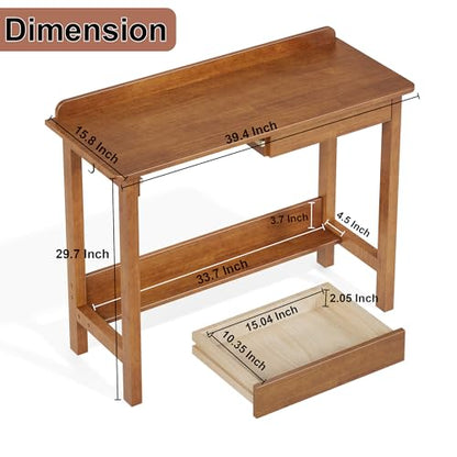 Solid Wood Desk with Drawers, 39 x 16 Inch Narrow Desk with 2 Drawers, Bookshelf & 2 Hooks, Writing & Computer Desk for Small Spaces, Mid Century Modern Desk - Walnut - color: Walnut, size: 39.4 in W x 15.7 in D
