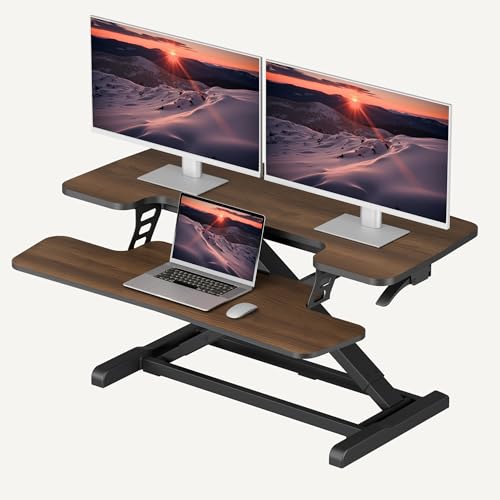 SANODESK 36" Standing Desk Converter, Smooth Mechanical Spring Effortless Lift Sit-Stand Riser for Dual Monitors, Heavy Duty Workstation with Keyboard Tray, Walnut - color: Walnut, size: 36"