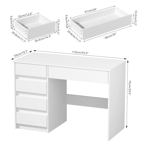 VOWNER Computer Desk with 5 Drawers, Home Office Desk with Storage, Modern Simple Laptop Desk for Working, Study (White)