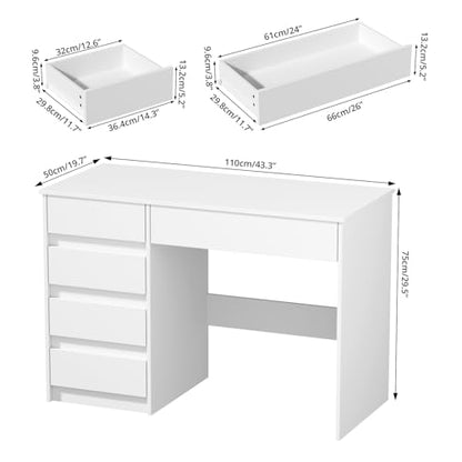 VOWNER Computer Desk with 5 Drawers, Home Office Desk with Storage, Modern Simple Laptop Desk for Working, Study (White)