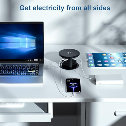 9-in-1 Pop-Up Outlet with Wireless Charging for Kitchen & Office | 9-in-1: 4 AC + 4 USB + wireless charging. 2500W, 100-240V. 4-1/8" cutout. Hidden hub for kitchen, office, conference table - color: Black