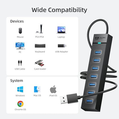 SAN Zang 7-Port USB 3.0 Hub: High-Speed 5Gbps USB Splitter & Extender with 3.3ft Cable, Multi-Port Data Hub for Laptop, PC, Mac, HDD, Flash Drive (Plug & Play, Wide Compatible) - size: 3.3FT