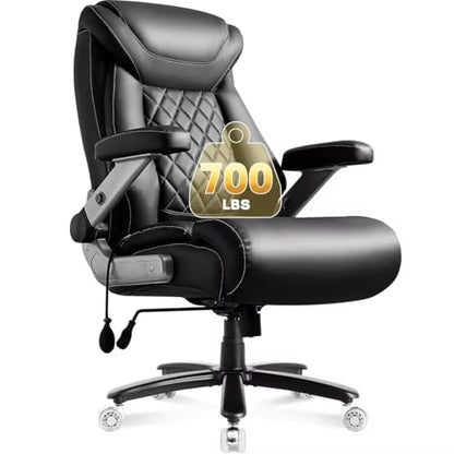 700lbs Leather Big and Tall Office Chair, Ergonomic Heavy Duty Executive Office Chair with 5D Flip Arms & Adjustable Lumbar Support & Dual Rubber Wheel, Large Thick Padded Extra Wide Seat, Black - color: Black