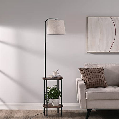 DEWENWILS Floor Lamp with Table, Wooden Nightstand, Farmhouse | Linen Lampshade, 13.18", ON/OFF Foot Switch, 2-in-1 Design, Sturdy Shelf for Living Room, Bedroom, Office Decor
