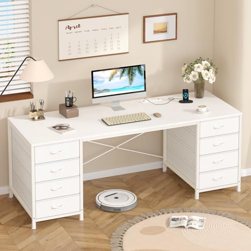 60 Inch Computer Desk with 8 Drawers for Home Office, Bedroom, Living Room | Home Office Desk with Power Outlets, Work Study Gaming Desk with 8 Fabric Drawers, White - color: White, size: 18.9"D x 59.8"W x 29.3"H