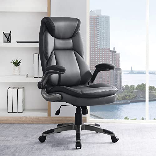 Office Star ECH Series Executive Bonded Leather Office Chair with Lumbar Support and Padded Height Adjustable Arms, Charcoal with Titanium Coated Nylon Base - color: Charcoal With Titanium Coated Nylon Base