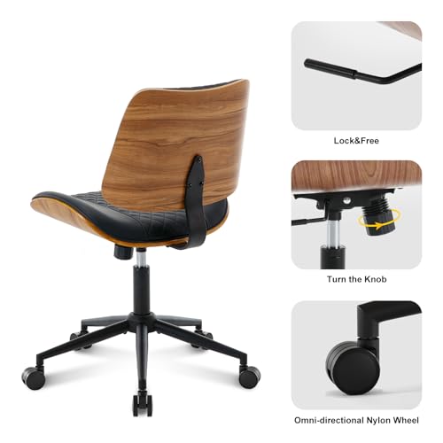 BV Small Desk Chair, Mid Century Office Chair with Bentwood Back, Armless Task Swivel Chair with Wheels, Mid Back No Arms, Faux Leather Office Chairs for Small Space, Black - color: Black, size: MCM Style