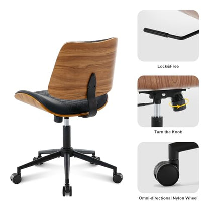 BV Small Desk Chair, Mid Century Office Chair with Bentwood Back, Armless Task Swivel Chair with Wheels, Mid Back No Arms, Faux Leather Office Chairs for Small Space, Black - color: Black, size: MCM Style