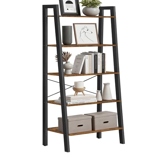 VASAGLE BARNET Collection - Ladder Shelf, Bookshelf, Storage Rack, Modern Bookcase for Living Room Home Office Kitchen, Steel Frame, 5-Tier, 22-Inch Wide, Rustic Brown and Ink Black ULLS45X - color: Rustic Brown + Ink Black, size: 5 Tiers (22"W), style: I