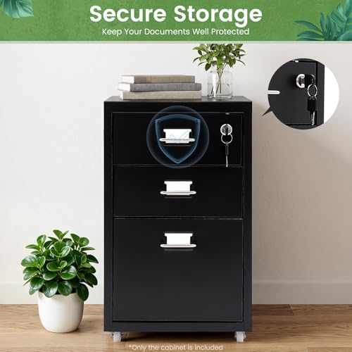 3-Drawer Metal Vertical File Cabinet, Narrow Mobile File Cabinet with Lock and 2 Keys, Under Desk Storage Drawer for Study Home-11 * 16 * 18.3in (Black) - color: Black