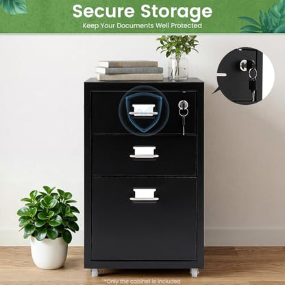 3-Drawer Metal Vertical File Cabinet, Narrow Mobile File Cabinet with Lock and 2 Keys, Under Desk Storage Drawer for Study Home-11 * 16 * 18.3in (Black) - color: Black