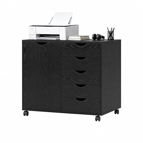 SweetGO 5 Drawer Wood File Cabinet with Wheels, Large Storage Printer Stand for Home Office, Rolling Cabinet Organizer with Reinforced Structure (Distressed Black) - color: Distressed Black
