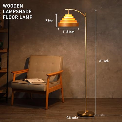 O’Bright Strata Wooden Floor Lamp - Mid Century Modern Standing Lamp with Layered Wood Shade, Tall Reading Lamp for Living Room, Bedroom, Office, Antique Brass, Light Oak, Cascade Shade - color: Antique Brass-Light Oak-Cascade